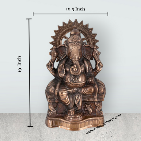 Ganesh Murti Sitting On Base - 19 X 10.5 Inches | Copper Oxidised Vinayaka Idol/ Ganpati Murti For Worship - Retail Maharaj