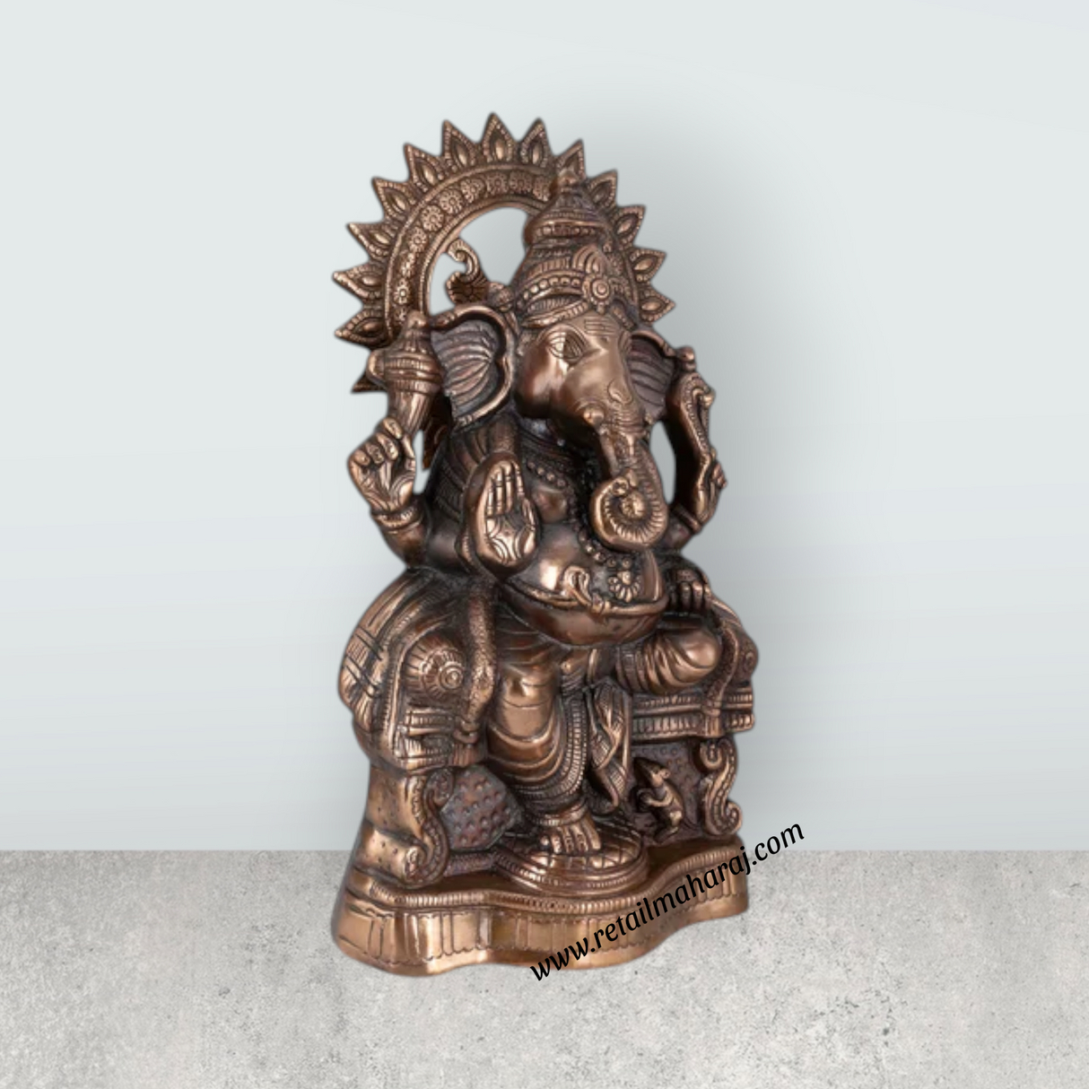 Ganesh Murti Sitting On Base - 19 X 10.5 Inches | Copper Oxidised Vinayaka Idol/ Ganpati Murti For Worship - Retail Maharaj
