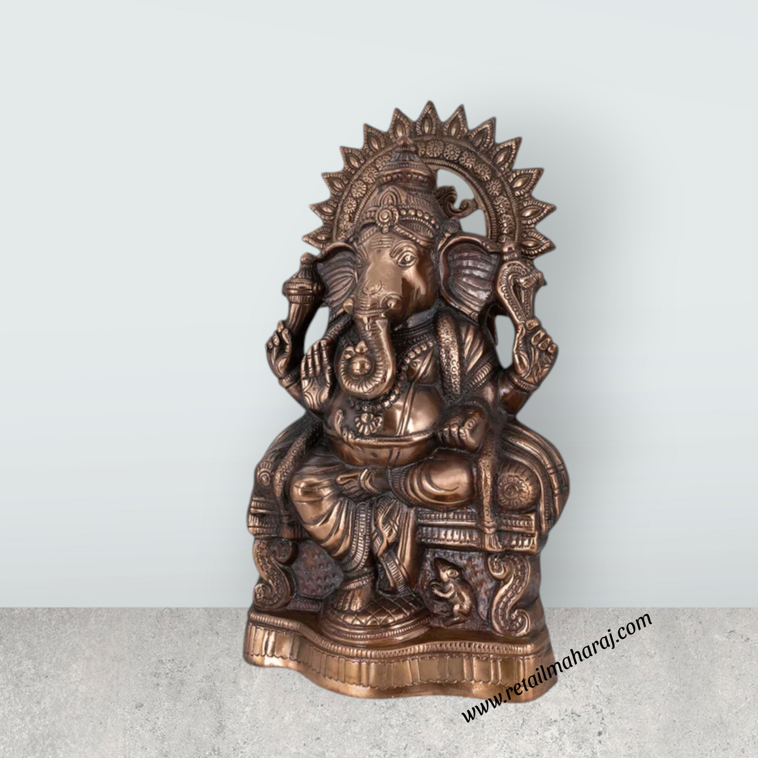Ganesh Murti Sitting On Base - 19 X 10.5 Inches | Copper Oxidised Vinayaka Idol/ Ganpati Murti For Worship - Retail Maharaj