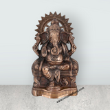 Ganesh Murti Sitting On Base - 19 X 10.5 Inches | Copper Oxidised Vinayaka Idol/ Ganpati Murti For Worship - Retail Maharaj