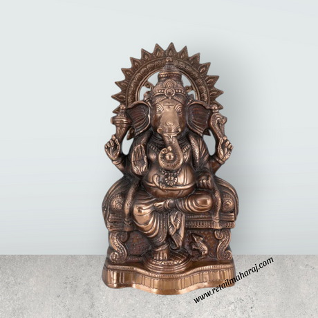 Ganesh Murti Sitting On Base - 19 X 10.5 Inches | Copper Oxidised Vinayaka Idol/ Ganpati Murti For Worship - Retail Maharaj