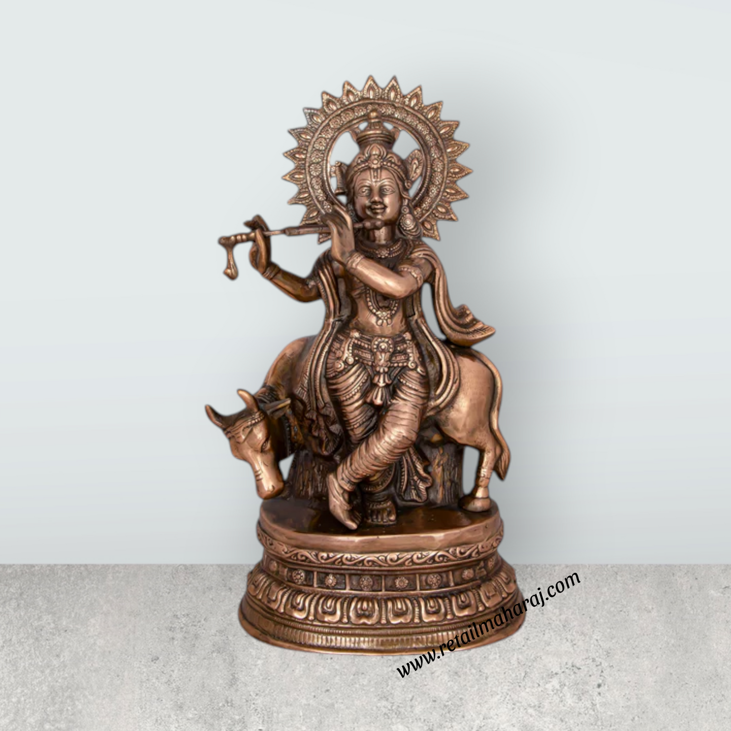 Krishna Murti - 28 x 10 Inches | Copper Oxidised Murti/ Cow Krishna Idol/ Standing Krishna Statue for Pooja/ 3.960 Kgs - Retail Maharaj