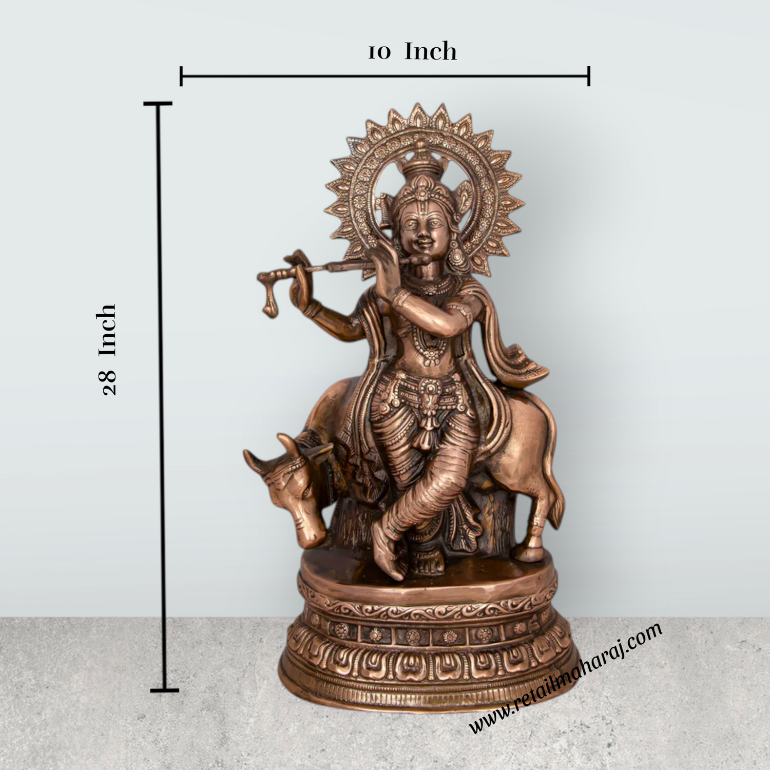 Krishna Murti - 28 x 10 Inches | Copper Oxidised Murti/ Cow Krishna Idol/ Standing Krishna Statue for Pooja/ 3.960 Kgs - Retail Maharaj