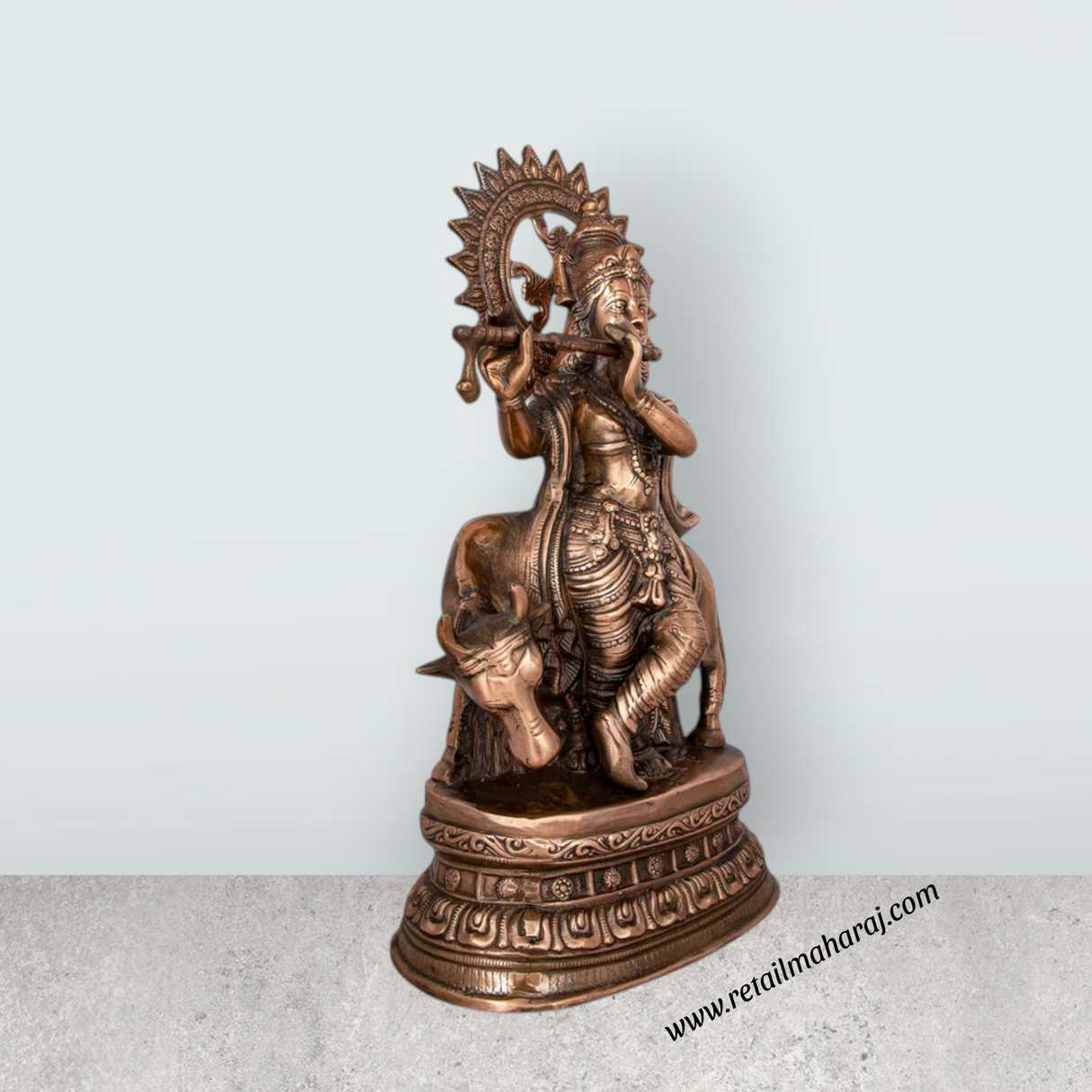Krishna Murti - 28 x 10 Inches | Copper Oxidised Murti/ Cow Krishna Idol/ Standing Krishna Statue for Pooja/ 3.960 Kgs - Retail Maharaj
