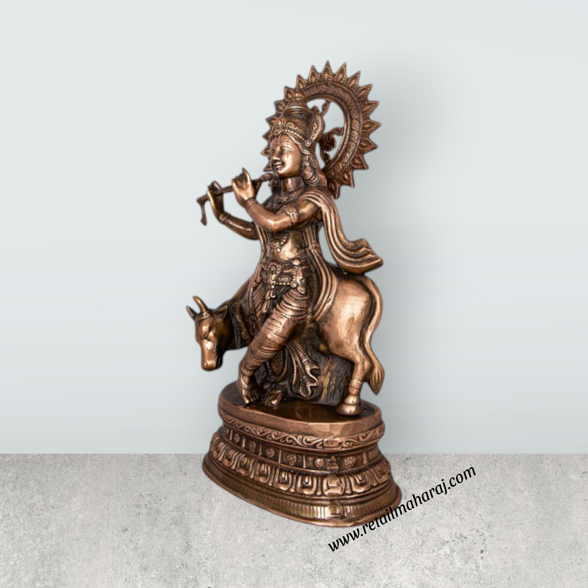 Krishna Murti - 28 x 10 Inches | Copper Oxidised Murti/ Cow Krishna Idol/ Standing Krishna Statue for Pooja/ 3.960 Kgs - Retail Maharaj