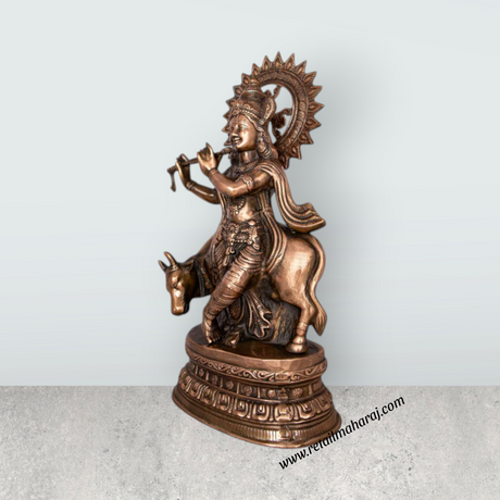 Krishna Murti - 28 x 10 Inches | Copper Oxidised Murti/ Cow Krishna Idol/ Standing Krishna Statue for Pooja/ 3.960 Kgs - Retail Maharaj