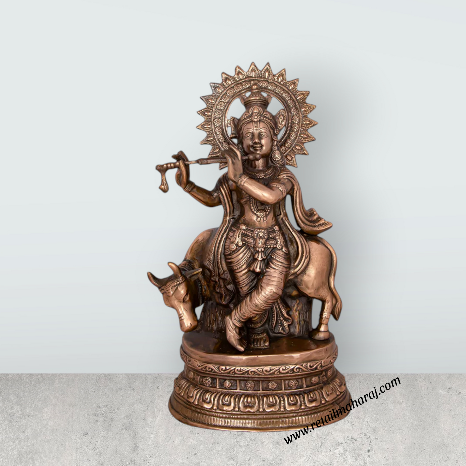 Krishna Murti - 28 x 10 Inches | Copper Oxidised Murti/ Cow Krishna Idol/ Standing Krishna Statue for Pooja/ 3.960 Kgs - Retail Maharaj