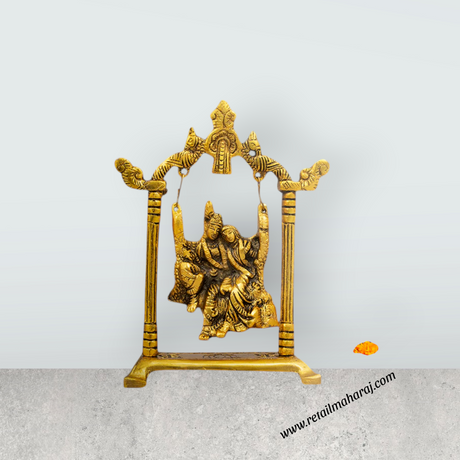 Radha Krishna Jhula - 7.5 x 5.5 Inches | Gold Polish Radha Krishna Jhoola/ Radha Krishna With Jhula for Pooja/ 245 Gms - Retail Maharaj