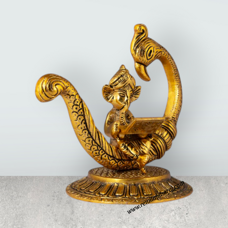 Laptop Ganesh Murti Sitting On Peacock Base - 6 x 6 Inches | Aluminium & Gold Polish Vinayaka Statue for Home - Retail Maharaj