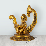 Laptop Ganesh Murti Sitting On Peacock Base - 6 x 6 Inches | Aluminium & Gold Polish Vinayaka Statue for Home - Retail Maharaj