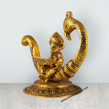 Laptop Ganesh Murti Sitting On Peacock Base - 6 x 6 Inches | Aluminium & Gold Polish Vinayaka Statue for Home - Retail Maharaj
