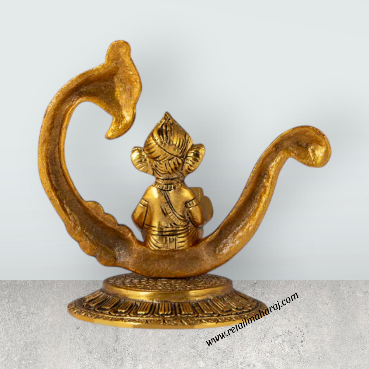 Laptop Ganesh Murti Sitting On Peacock Base - 6 x 6 Inches | Aluminium & Gold Polish Vinayaka Statue for Home - Retail Maharaj