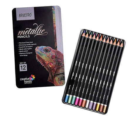Brustro Metallic Colored Pencil Set of 12 for Shiny Effects Drawing and Creative Artwork - Retail Maharaj