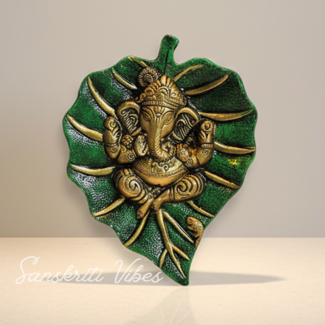 Metal Patta Ganesh Set of 2 Multicolour Handmade Decorative Showpiece – 18 cm Aluminium Ganpati Leaf Art for Home Decor (Glossy Finish, Made in India)