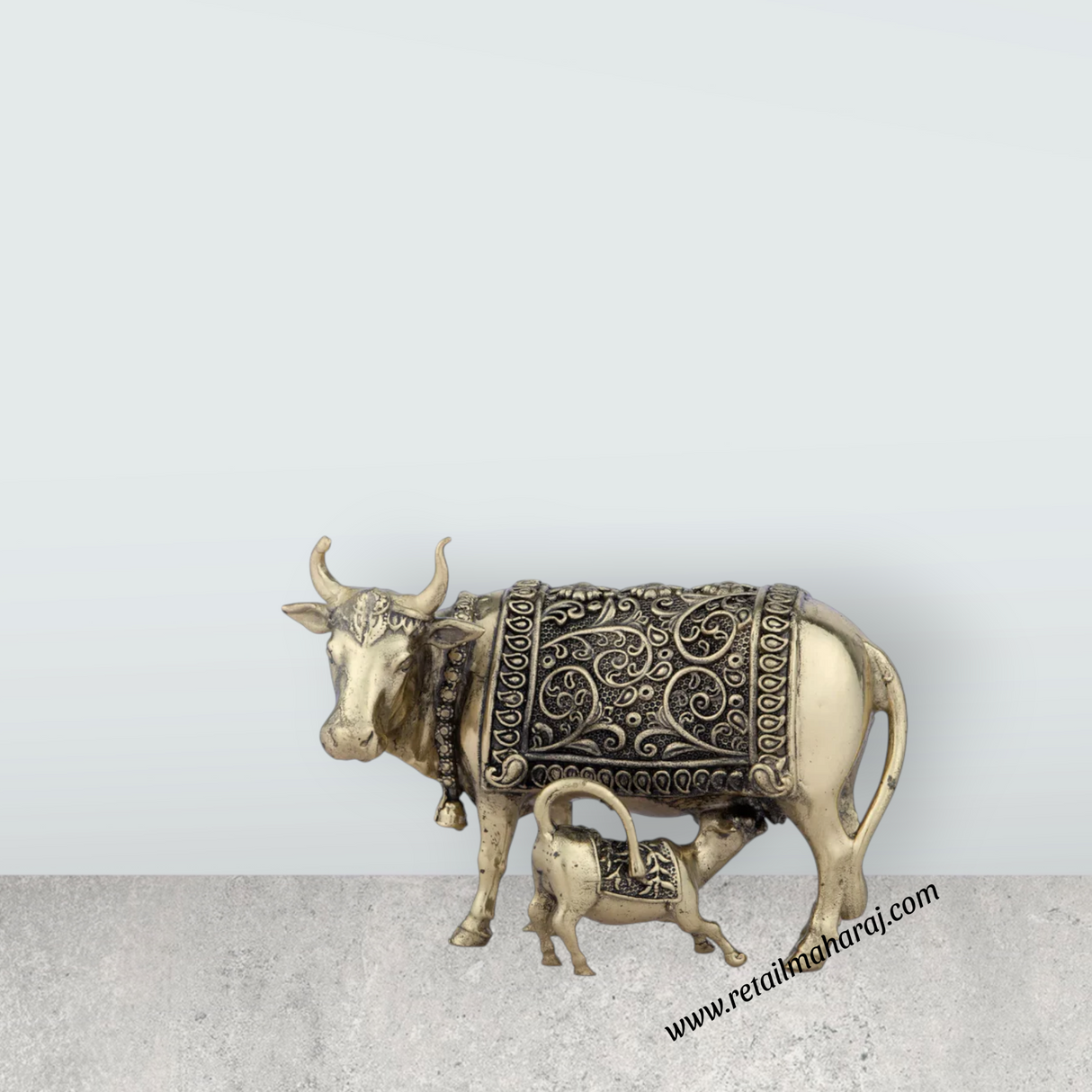 Cow and Calf Idol - 3 x 4 Inches | Brass Kamadhenu Statue/ Cow Calf Idol for Pooja/ 200 Gms Approx - Retail Maharaj