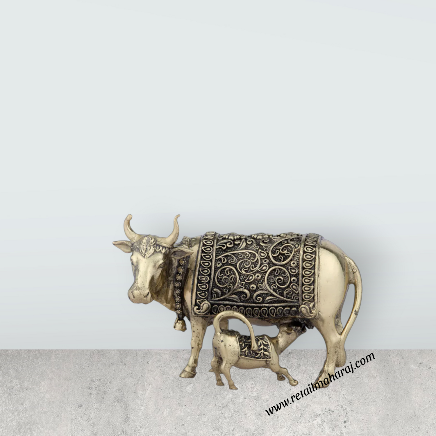 Cow and Calf Idol - 3 x 4 Inches | Brass Kamadhenu Statue/ Cow Calf Idol for Pooja/ 200 Gms Approx - Retail Maharaj
