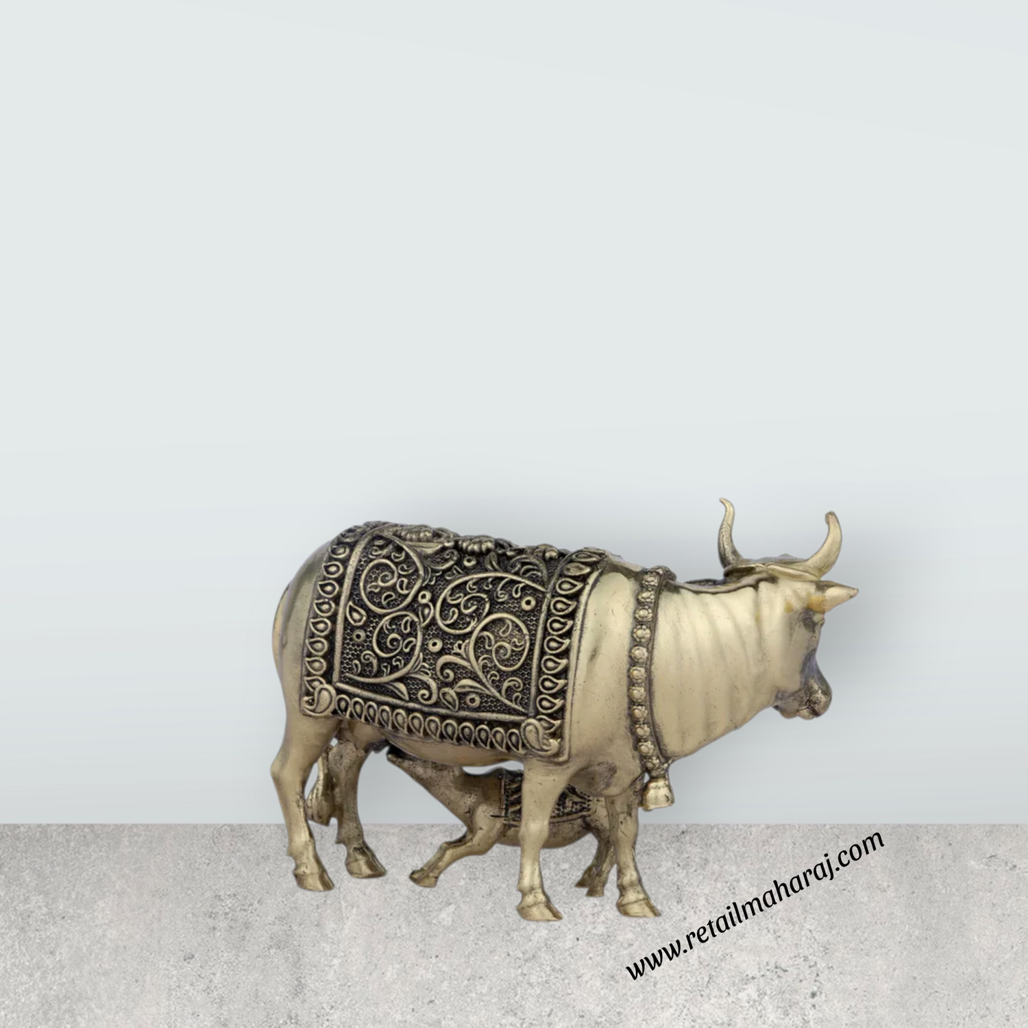 Cow and Calf Idol - 3 x 4 Inches | Brass Kamadhenu Statue/ Cow Calf Idol for Pooja/ 200 Gms Approx - Retail Maharaj