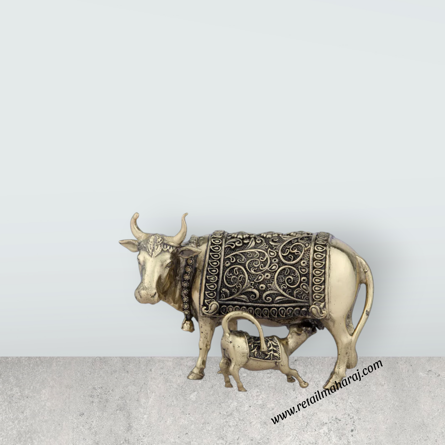 Cow and Calf Idol - 3 x 4 Inches | Brass Kamadhenu Statue/ Cow Calf Idol for Pooja/ 200 Gms Approx - Retail Maharaj