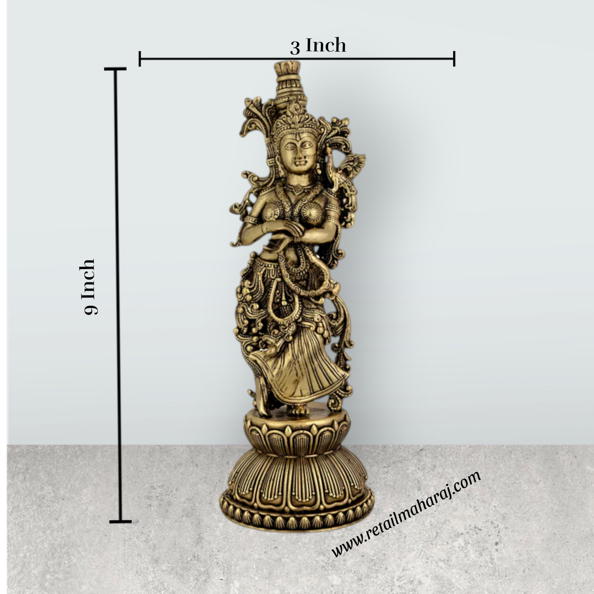 Radha Standing On Base Murti – Antique Brass Idol / Radha Statue for Home & Pooja (9 x 3 Inches) - Retail Maharaj
