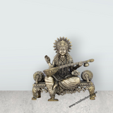 Saraswati Murti - 6 x 5.5 Inches | Saraswati Sitting On Sinhasan/ Brass Idol for Pooja/ 805 Gms Approx - Retail Maharaj