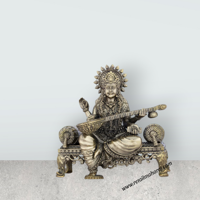 Saraswati Murti - 6 x 5.5 Inches | Saraswati Sitting On Sinhasan/ Brass Idol for Pooja/ 805 Gms Approx - Retail Maharaj