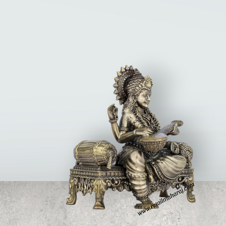 Saraswati Murti - 6 x 5.5 Inches | Saraswati Sitting On Sinhasan/ Brass Idol for Pooja/ 805 Gms Approx - Retail Maharaj