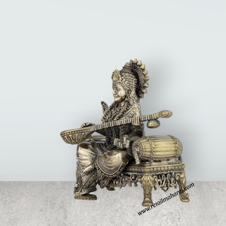 Saraswati Murti - 6 x 5.5 Inches | Saraswati Sitting On Sinhasan/ Brass Idol for Pooja/ 805 Gms Approx - Retail Maharaj