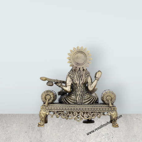 Saraswati Murti - 6 x 5.5 Inches | Saraswati Sitting On Sinhasan/ Brass Idol for Pooja/ 805 Gms Approx - Retail Maharaj