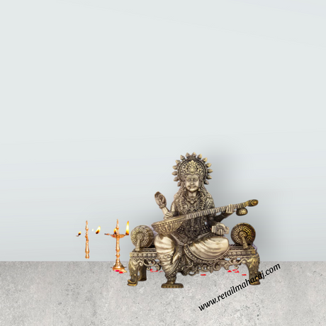 Saraswati Murti - 6 x 5.5 Inches | Saraswati Sitting On Sinhasan/ Brass Idol for Pooja/ 805 Gms Approx - Retail Maharaj