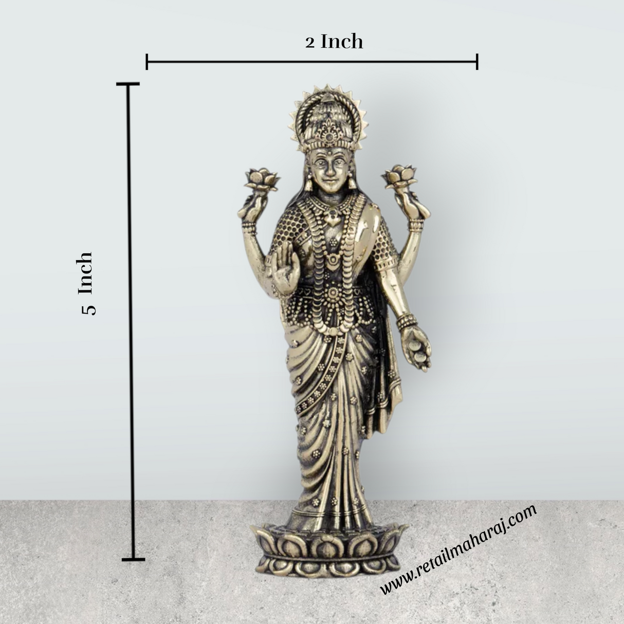 Laxmi Devi Statue - 5 x 2 Inches | Lakshmi Statue Standing On Lotus / Brass Idol/ Maha Laxmi Idol for Pooja/ 140 Gms Approx - Retail Maharaj