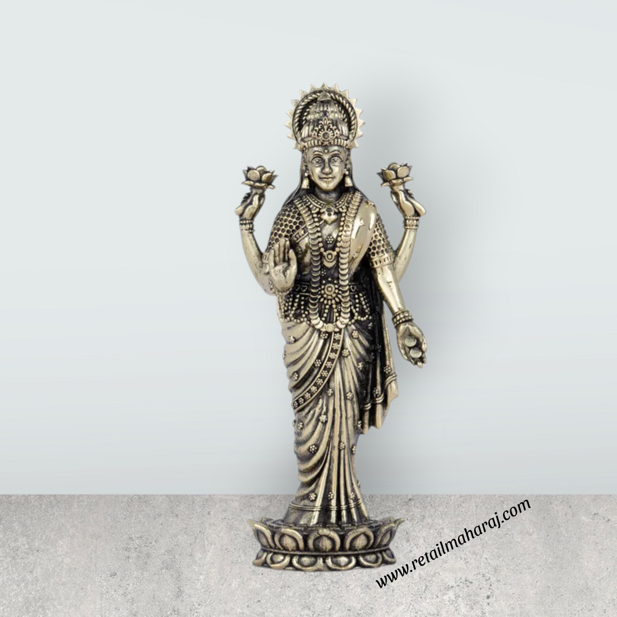 Laxmi Statue - 7 x 2.5 Inches | Laxmi Idol Standing On Lotus/ Brass Idol for Pooja/ 285 Gms Approx - Retail Maharaj