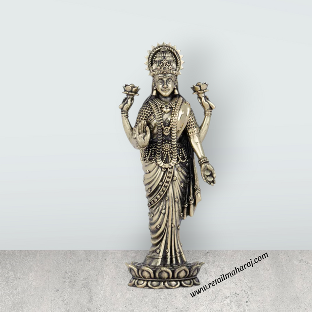 Laxmi Statue - 7 x 2.5 Inches | Laxmi Idol Standing On Lotus/ Brass Idol for Pooja/ 285 Gms Approx - Retail Maharaj
