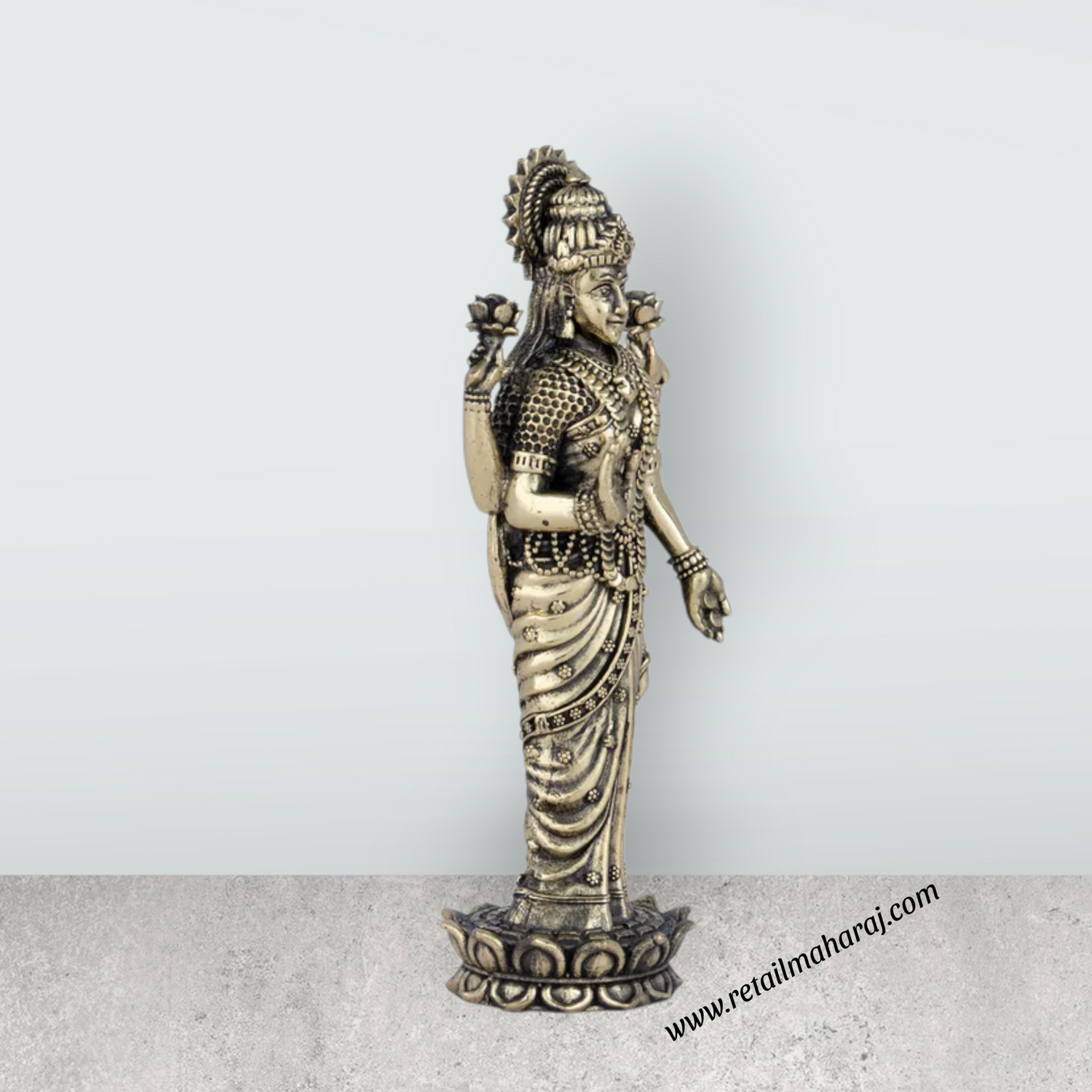 Laxmi Statue - 7 x 2.5 Inches | Laxmi Idol Standing On Lotus/ Brass Idol for Pooja/ 285 Gms Approx - Retail Maharaj