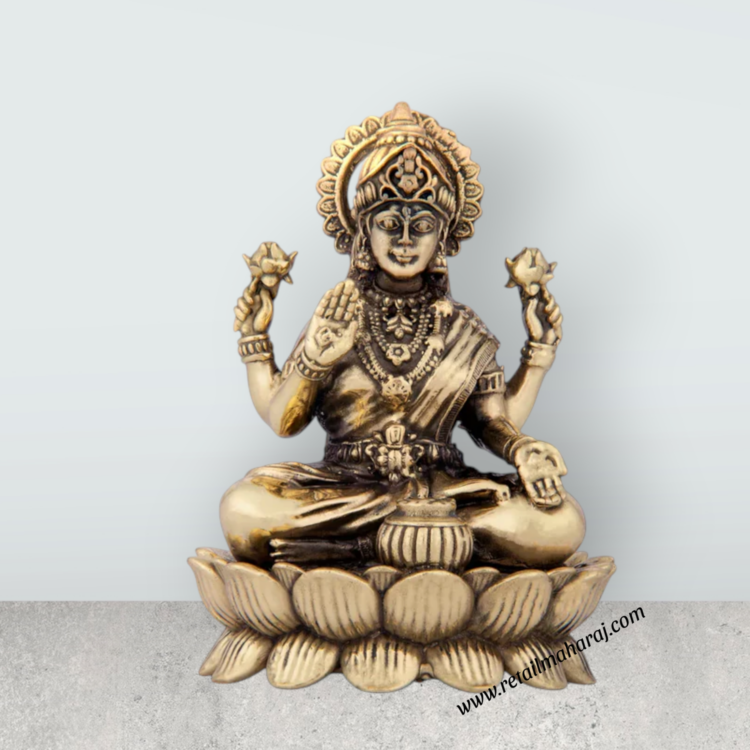 Laxmi Devi Statue - 5 x 3.75 Inches | Brass Idol/ Lakshmi Statue Sitting On Lotus/ 400 Gms Approx - Retail Maharaj