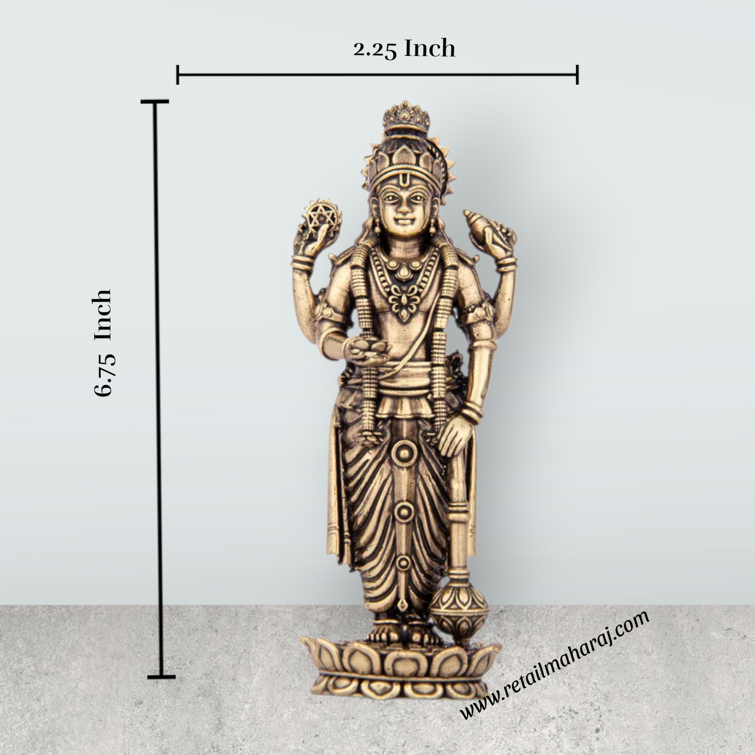 Vishnu Murti - 6.75 x 2.5 Inches | Brass Idol/ Vishnu Statue Standing On Lotus for Pooja/ 180 Gms Approx - Retail Maharaj