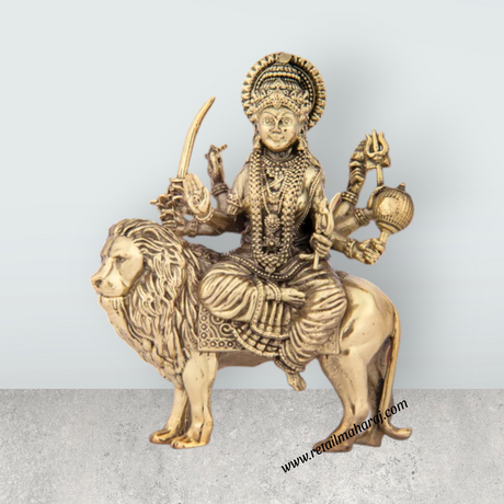Durga Devi Sitting On Lion - 6 x 4 Inches | Brass Statue/ Durga Murti for Pooja/ 490 Gms Approx - Retail Maharaj