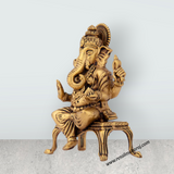 Ganesh Statue Sitting On Chowki - 2.5 x 1.75 Inches | Brass Vinayaka Idol / Ganesh Idol for Pooja/ 65 Gms Approx - Retail Maharaj