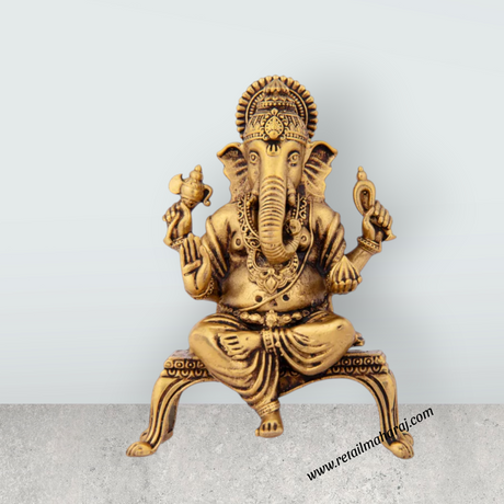 Ganesh Statue Sitting On Chowki - 3.5 x 2.5 Inches | Brass Vinayaka Idol / Ganesh Idol for Pooja / 150 Gms Approx - Retail Maharaj