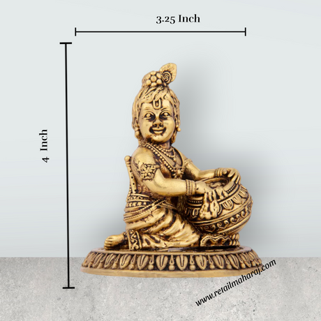 Butter Krishna - 4 x 3.25 Inches | Krishna Idol/ Brass Idol/ Krishna with Butter Statue for Pooja - Retail Maharaj