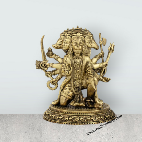 Panchmukhi Hanuman Statue - 4 x 3.75 Inches | Brass idol/ Panchamukha Hanuman Idol for Pooja - Retail Maharaj