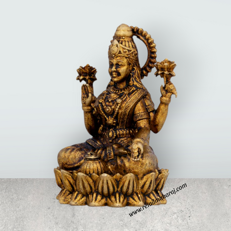Lakshmi Idol Sitting On Lotus Base - 1.25 x 0.75 Inches | Antique Polish Laxmi Statue/ Brass Idol for Pooja - Retail Maharaj