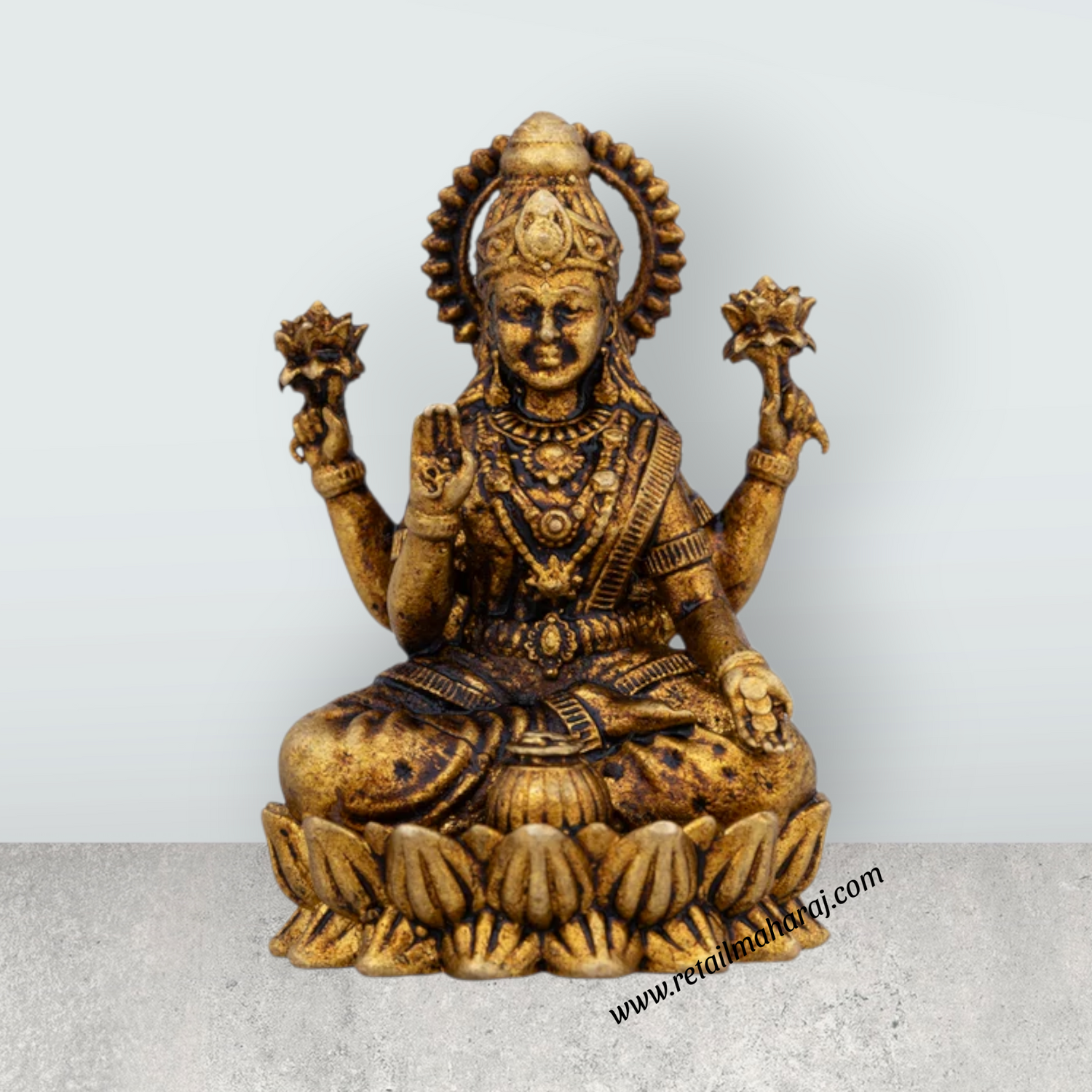 Lakshmi Idol Sitting On Lotus Base - 1.25 x 0.75 Inches | Antique Polish Laxmi Statue/ Brass Idol for Pooja - Retail Maharaj