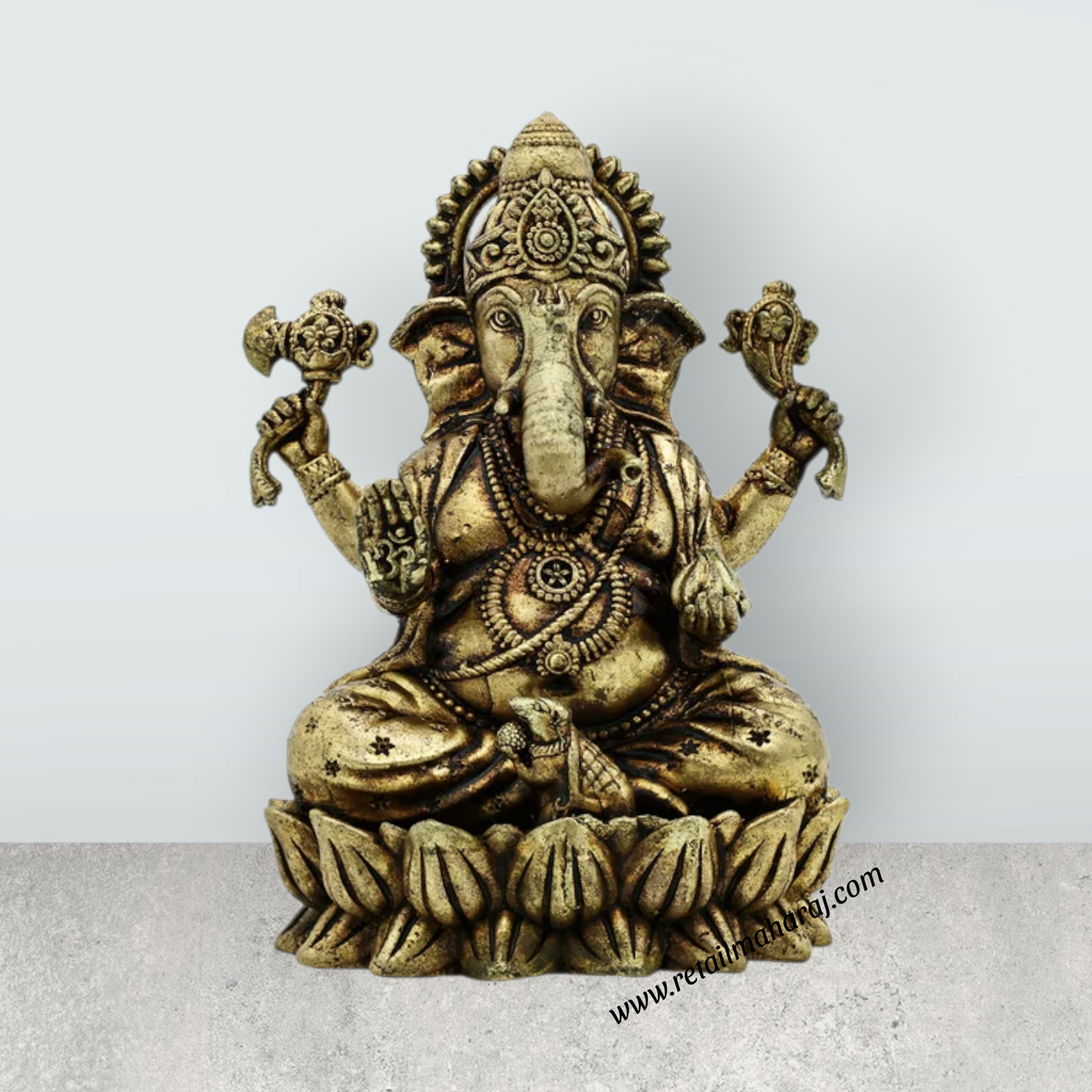 Ganesh Murti Sitting On Flower Base - 3 x 2 Inches | Brass Idol/ Antique Polish Ganpati Murti for Pooja