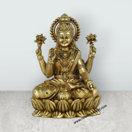 Lakshmi Idol Sitting On Lotus - 3 x 2 Inches | Antique Brass Idol/ Laxmi Idol for Worship - Retail Maharaj