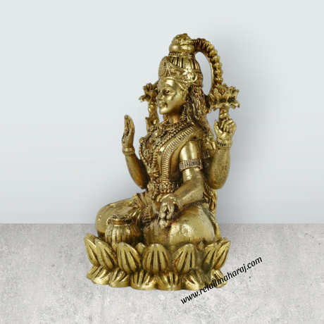 Lakshmi Idol Sitting On Lotus - 3 x 2 Inches | Antique Brass Idol/ Laxmi Idol for Worship - Retail Maharaj