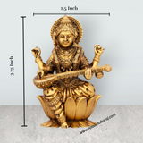 Saraswati Murti Sitting On Lotus Base - 3.75 x 2.5 Inches | Brass Idol/ Maa Saraswati Statue for Pooja
