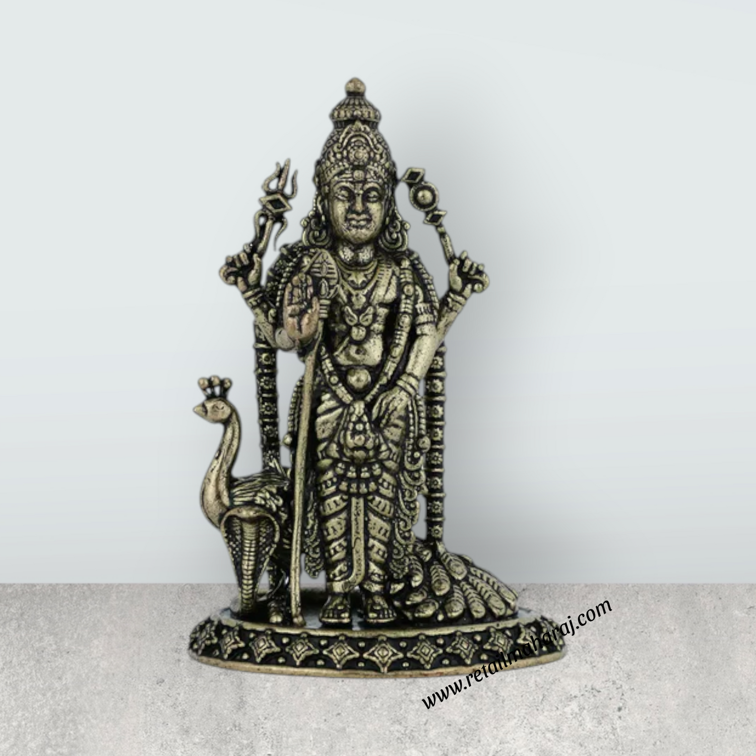 Murugar Standing on Base Murti - 3 x 1.75 Inches | Antique Brass Idol / Murugan Statue for Home & Pooja - Retail Maharaj