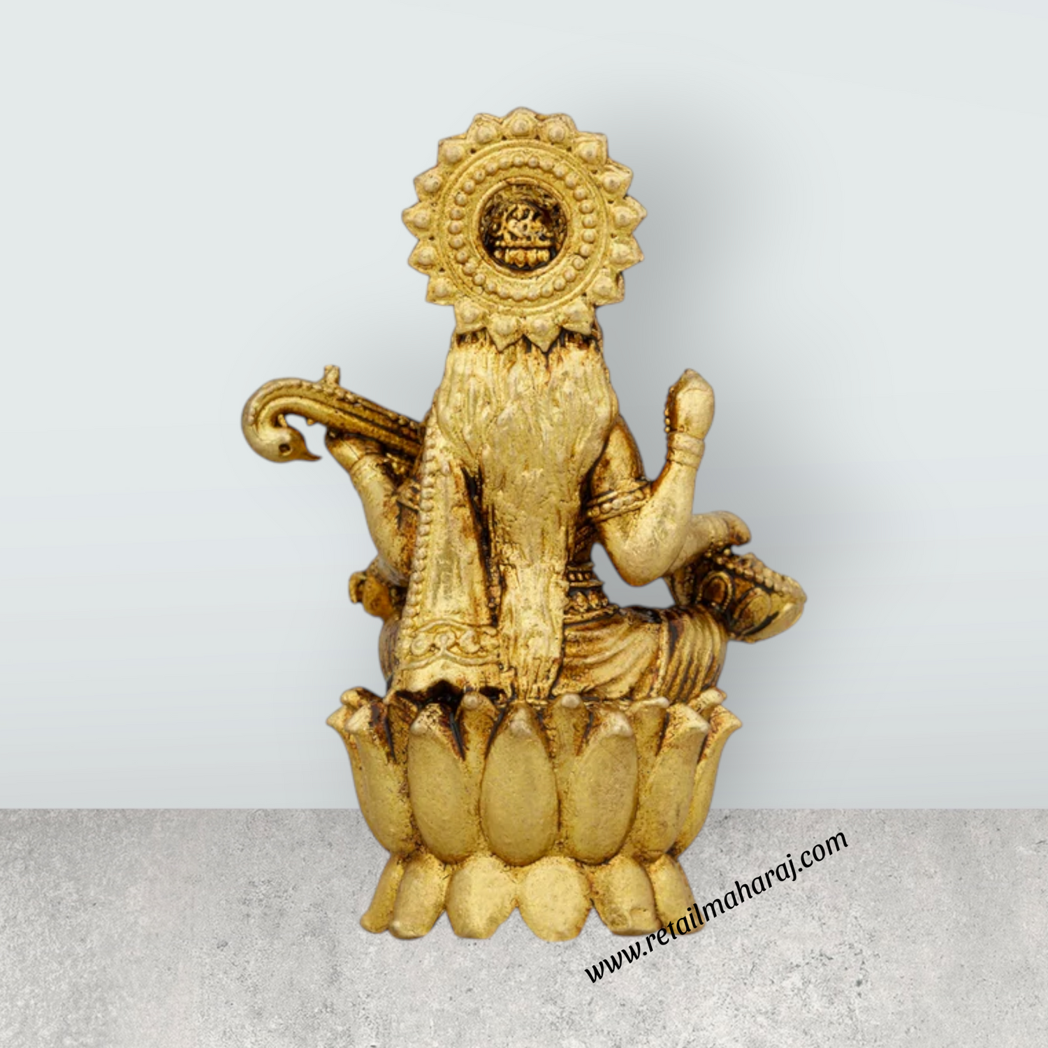 Saraswati Murti Sitting On Lotus Base - 2 x 1.5 Inches | Brass Idol/ Saraswati Statue for Pooja - Retail Maharaj