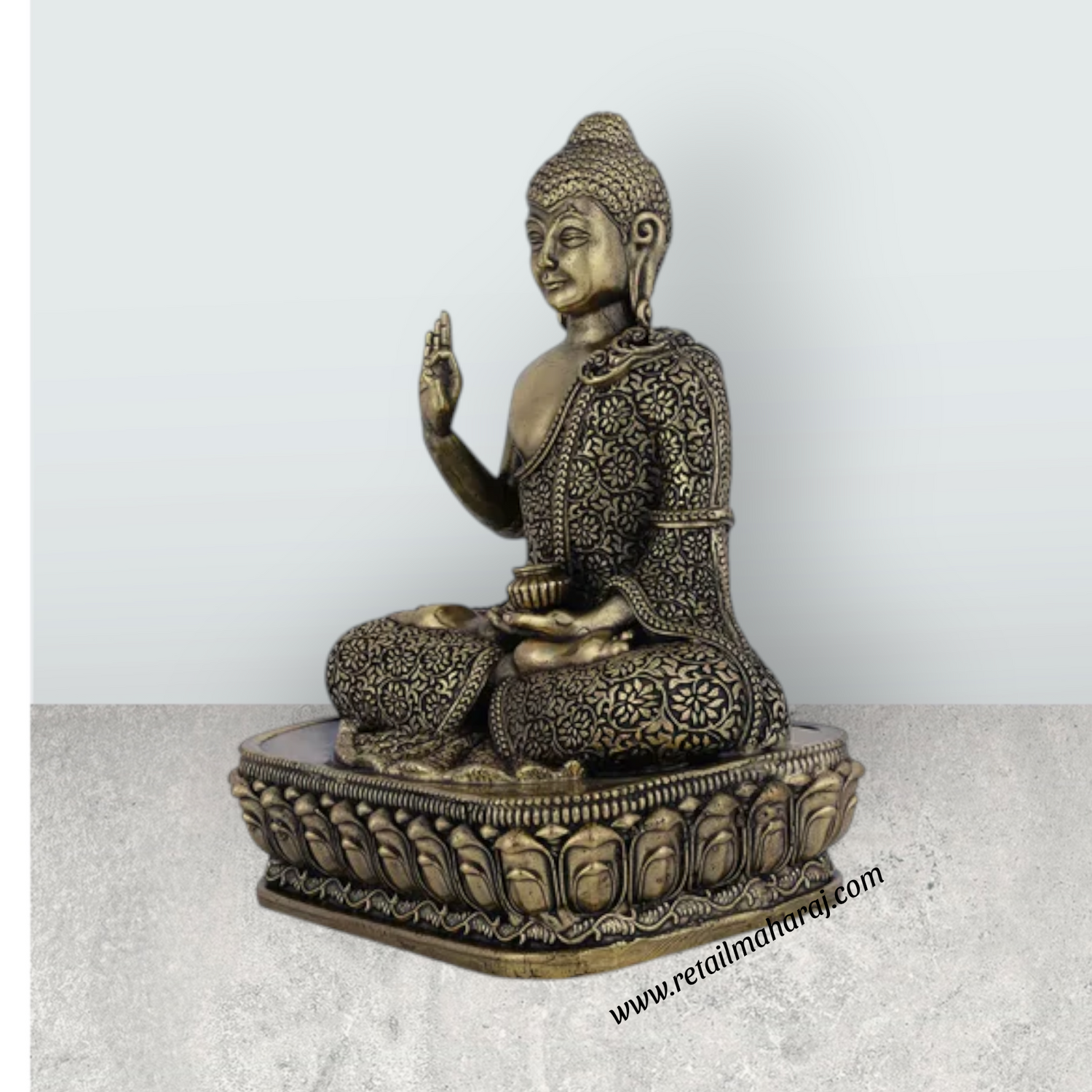 Brass Buddha Sitting On Flower Base Statue – 6 x 4 Inches | Antique Brass Buddha Idol for Home & Meditation Décor - Retail Maharaj