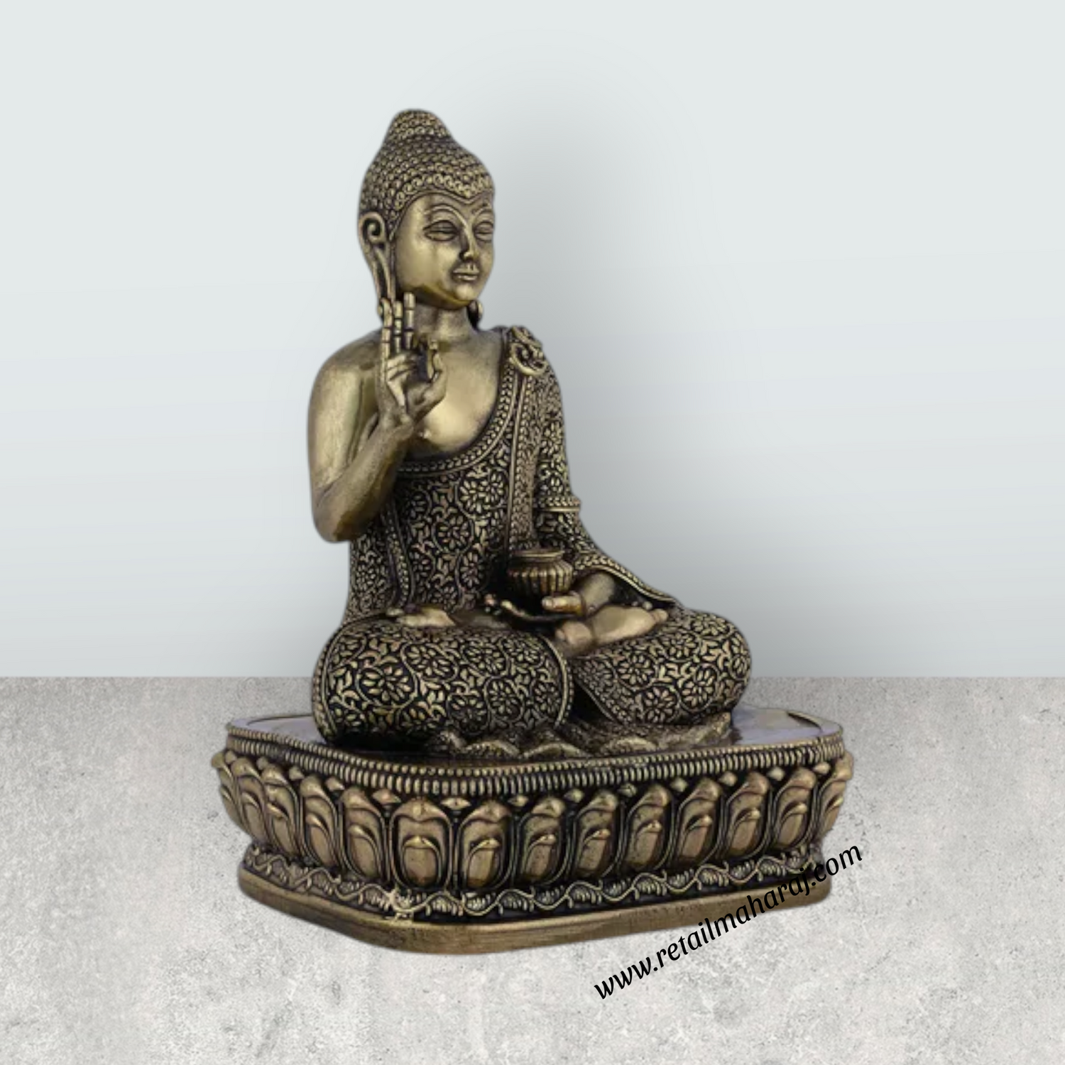Brass Buddha Sitting On Flower Base Statue – 6 x 4 Inches | Antique Brass Buddha Idol for Home & Meditation Décor - Retail Maharaj
